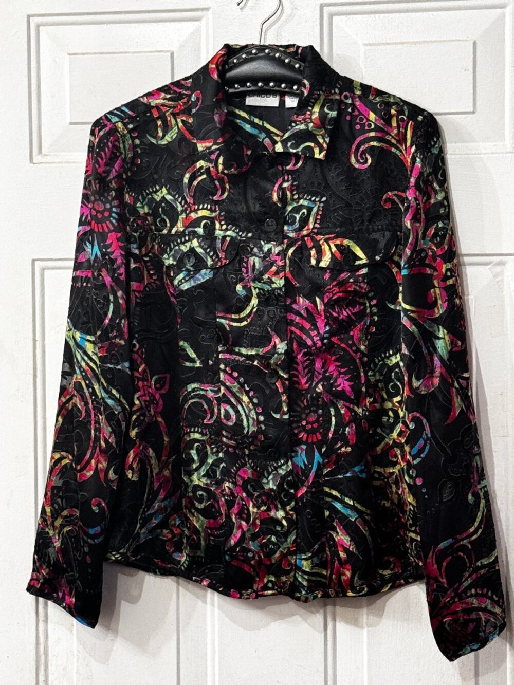 Chico's Sz 0 Blouse Button Up Silk/Rayon Long Sleeve Black/Multi Velvet Burnout